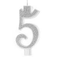 Świeczka urodzinowa cyfra 5 SREBRNA BROKATOWA Party Pal