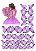 Wydruk jadalny opłatek na tort DZIEWCZYNA Z FIOLETOWYMI MOTYLAMI MOTYLE