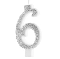 Świeczka urodzinowa cyfra 6 SREBRNA BROKATOWA Party Pal