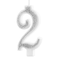 Świeczka urodzinowa cyfra 2 SREBRNA BROKATOWA Party Pal