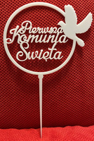 Topper w okręgu z gołębicą "Pierwsza Komunia Święta" BIAŁY