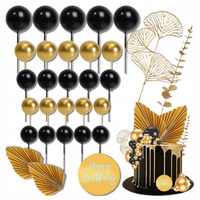 Zestaw dekoracji na tort kule toppery CZARNO ZŁOTE 30 szt.