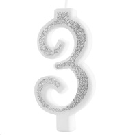 Świeczka urodzinowa cyfra 3 SREBRNA BROKATOWA Party Pal