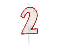 #SC25 Świeczka cyferka z brokatem, czerwony kontur "2", 6 cm KK