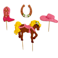 Dekoracje cukrowe na tort ZESTAW JEŹDZIECKI (koń, kapelusz, podkowa, but) różowy