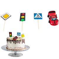 Zestaw cukrowych topperków na tort ZNAKI DROGOWE, SYGNALIZATOR. AUTKO Slado