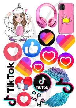 Wydruk jadalny opłatek na tort EMOTKI TIK TOK SERCA JEDNOROŻEC