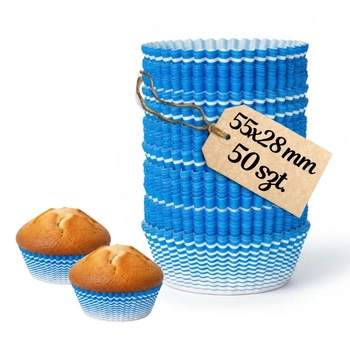 Białe papiotki w niebieskie prążki do muffinek 55x28 mm 50 szt.