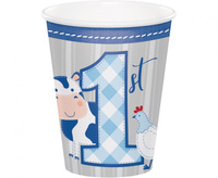 #ZKU Kubeczki papierowe Farmhouse Pierwsze urodziny, niebieskie, 266 ml, 8 szt.